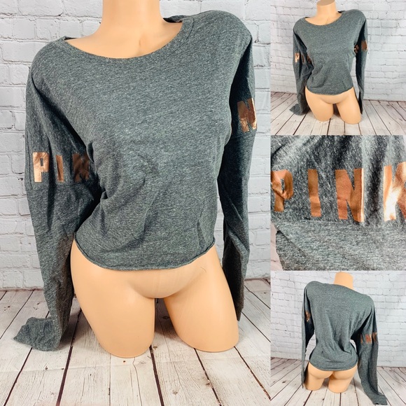 PINK Victoria's Secret Tops - VS PINK Bling Logo Long Sleeve Crop Tee Shirt